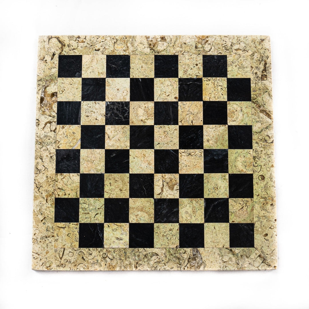 Botticino and Black Marble Chess Set with Handmade Staunton Pieces - 12"