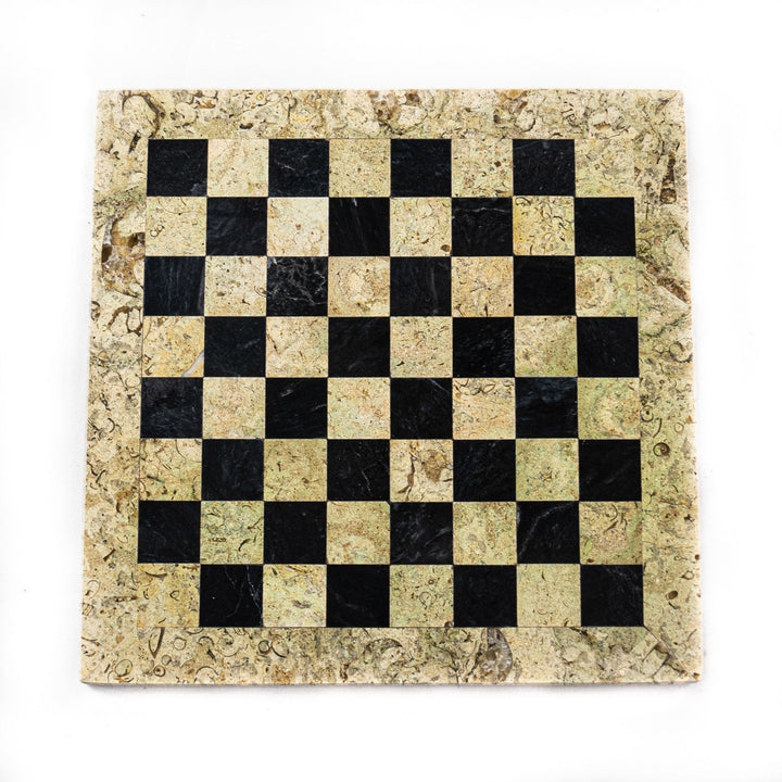 Botticino and Black Marble Chess Set with Handmade Staunton Pieces - 12"