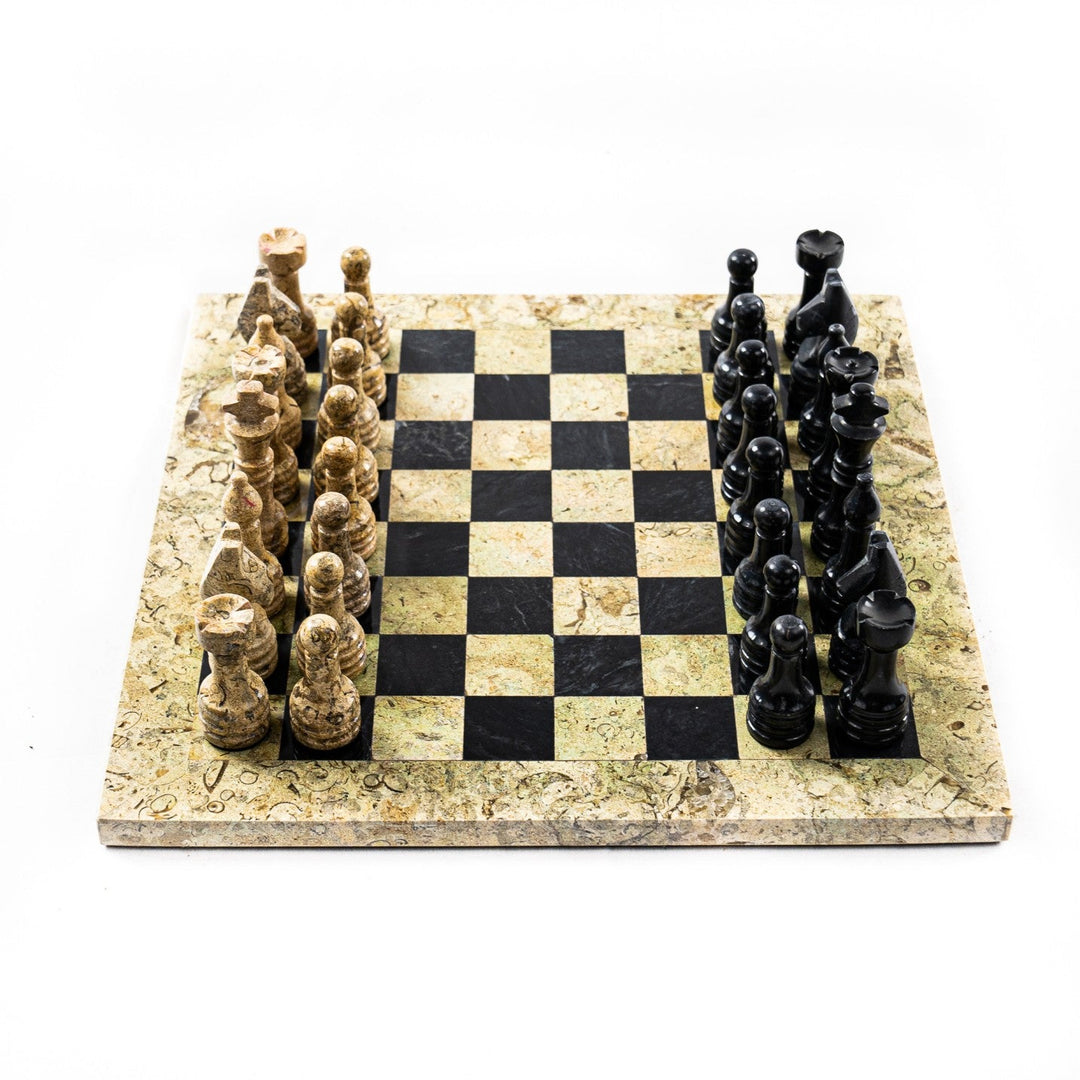 Botticino and Black Marble Chess Set with Handmade Staunton Pieces - 12"