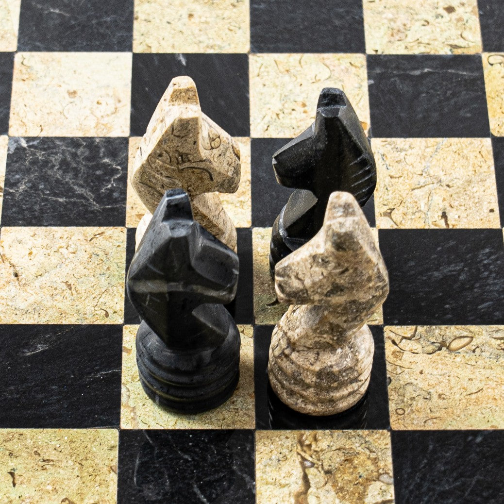 Botticino and Black Marble Chess Set with Handmade Staunton Pieces - 12"
