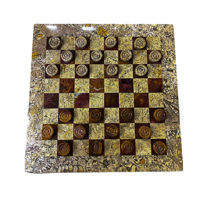 Luxurious Red and Coral Marble Checkers Set - with Blue Velvet Case 12"