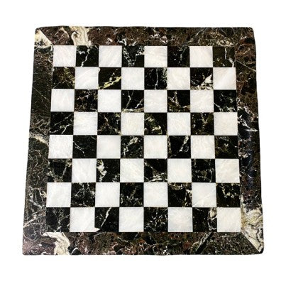Black Zebra and White Marble Chess Set with Handmade Staunton Pieces and Blue Velvet Case - 12"