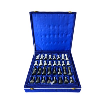Black Zebra and White Marble Chess Set with Handmade Staunton Pieces and Blue Velvet Case - 12"