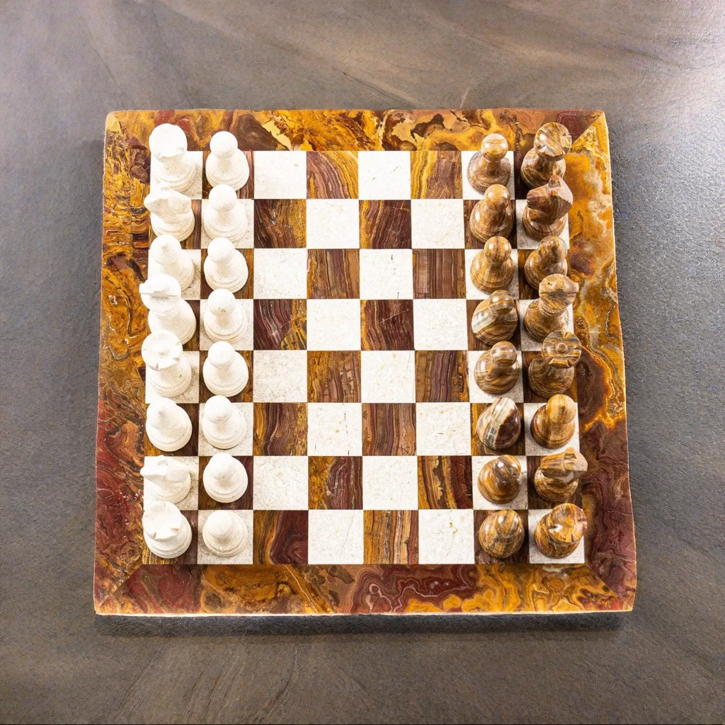 White Coral and Red Marble Chess Set | Alcove Archive