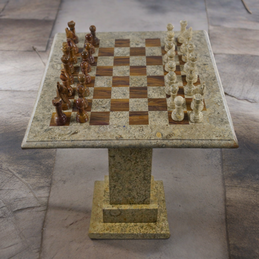 Marble Red and White Coral Chess Set - with Fancy Chess Pieces and Table - 24"