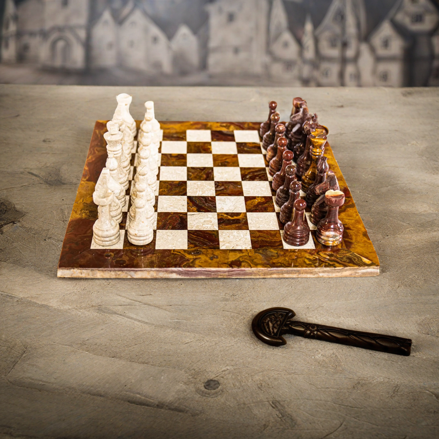 Red and White Marble Chess Set - 12" with Velvet Case