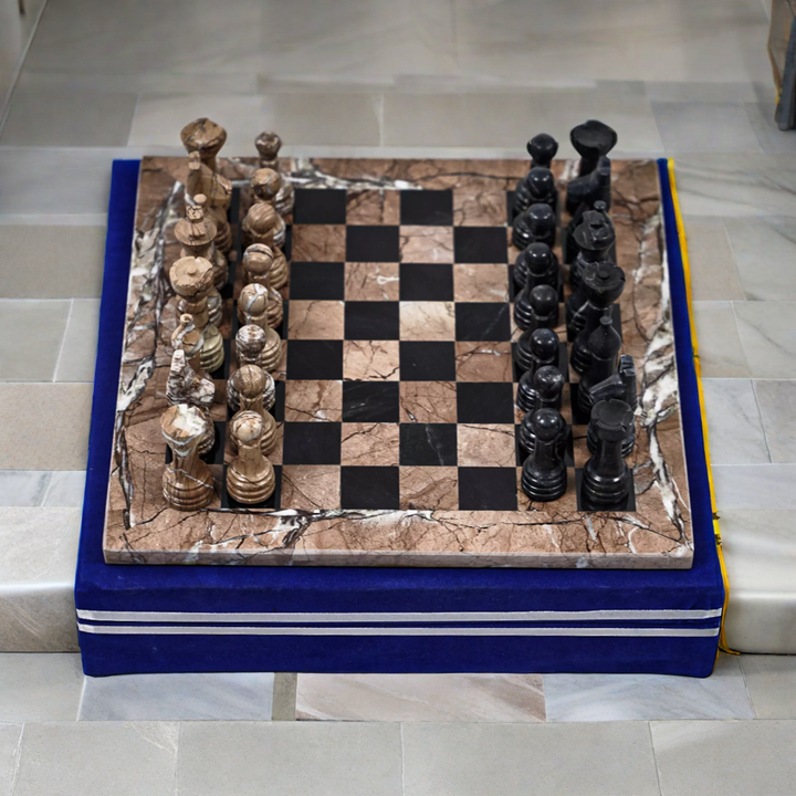 Marina and Black Marble Chess Set - 12" Staunton Style Board