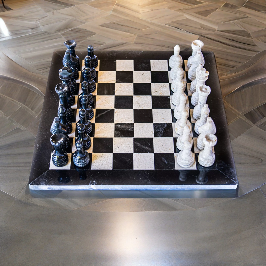 Black and White Marble Chess Set with Handmade Staunton Pieces and Velvet Case - Black Border- 12"