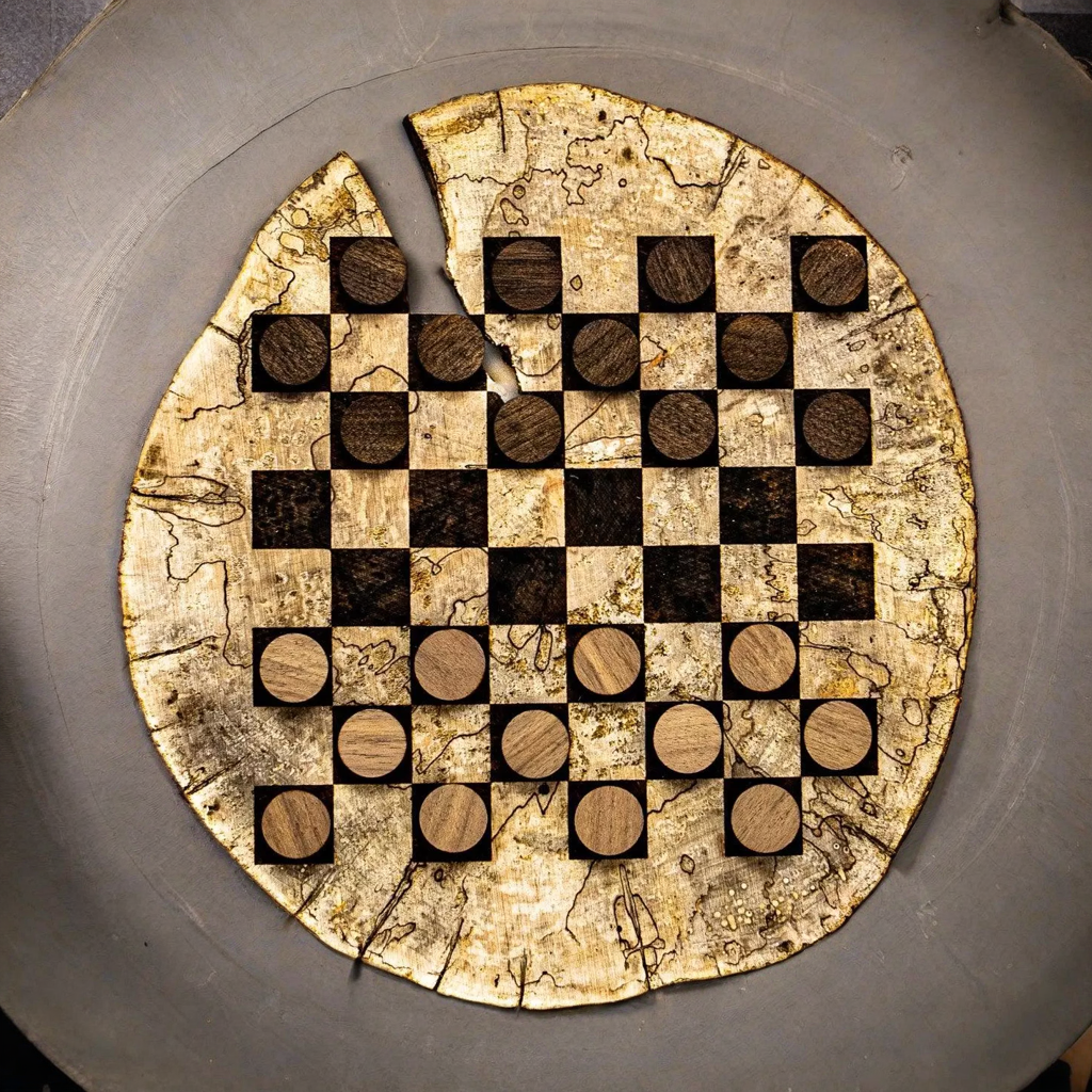 Artisan-Crafted Wood Checkers Set - Spalted Maple Wood Slice- 12"