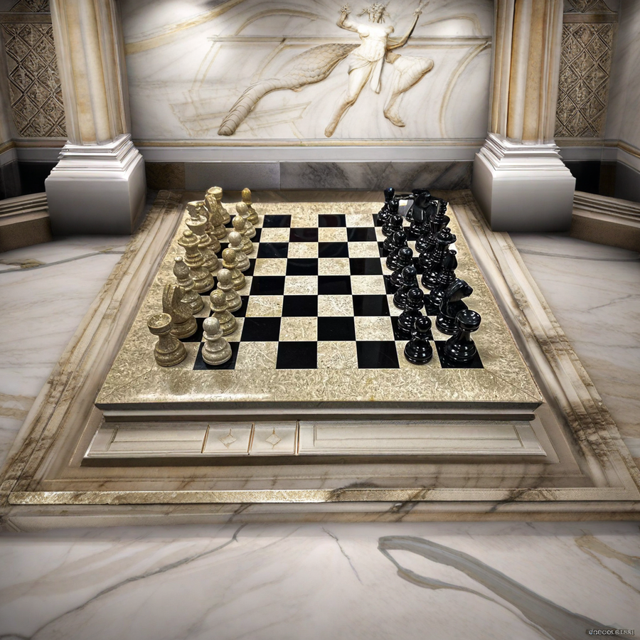 Large Marble Black and White Coral Chess Set - White Border - 16"