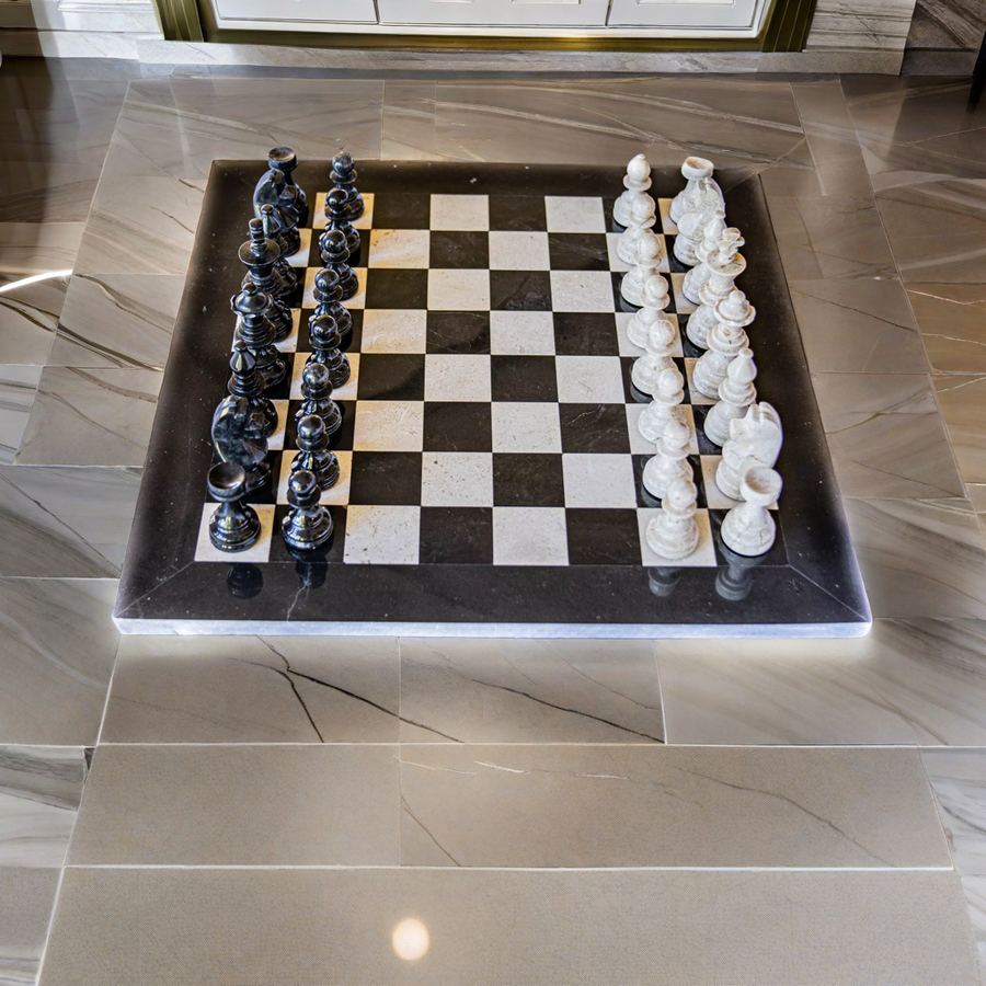 Large Marble Black and White Coral Chess Set with Fancy Pieces - Black Border - 16"