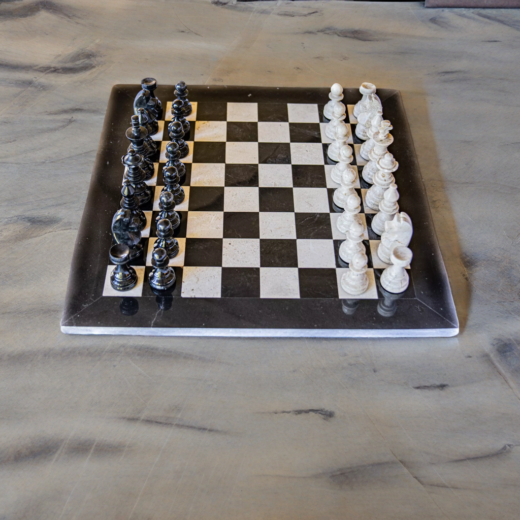 Large Marble Black and White Coral Chess Set - White Coral Border - 16"