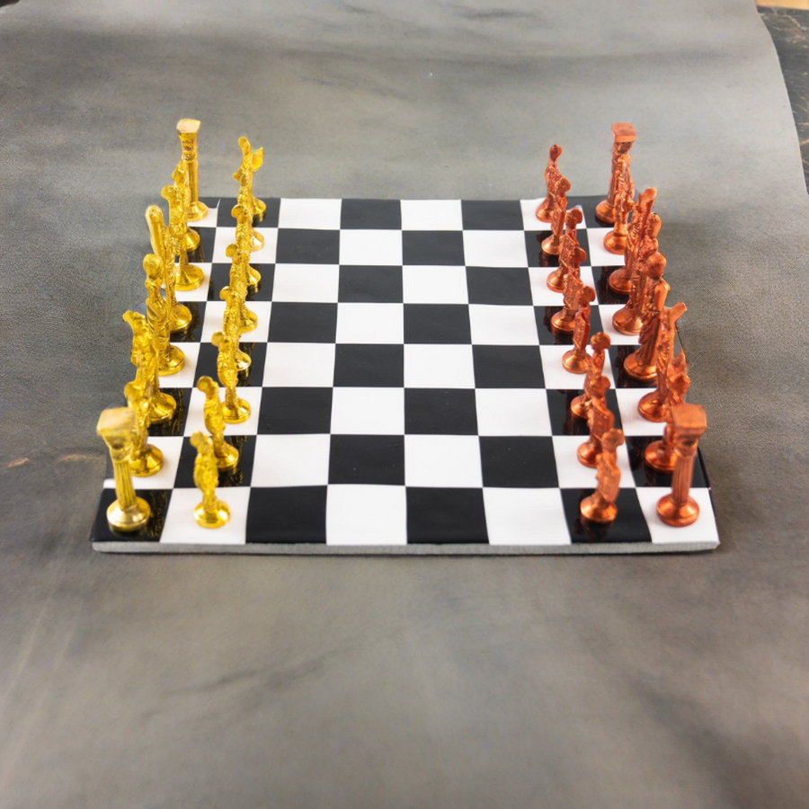 Brass Metal Black and White Roman Chess Set with Red and Gold Pieces - 12"