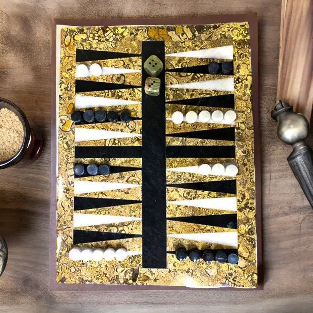 Black and White Backgammon Pieces - 9"x12" with Coral Border