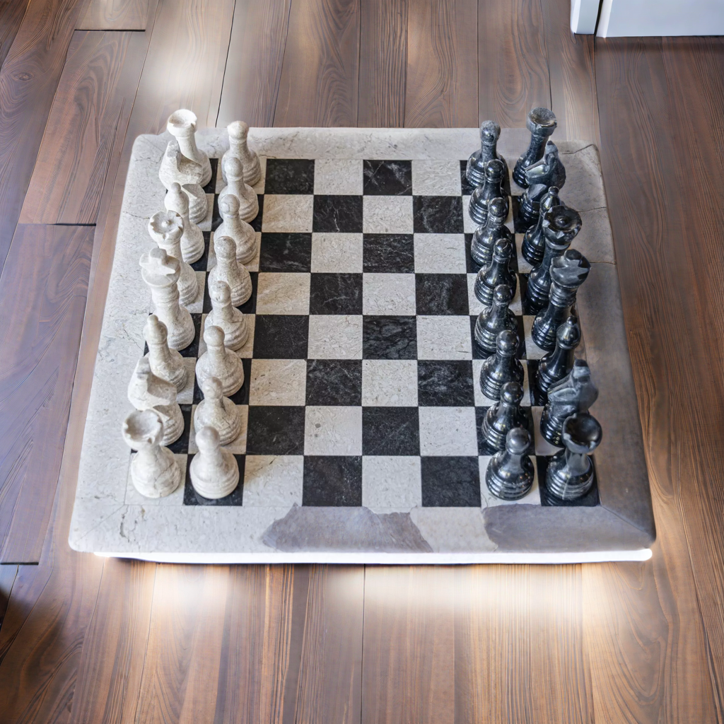 Black and White Marble Coral Chess Set- 12"