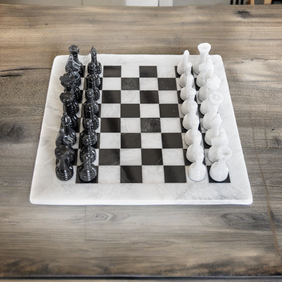 White and Black Marble Chess Set - 12" with Velvet Case