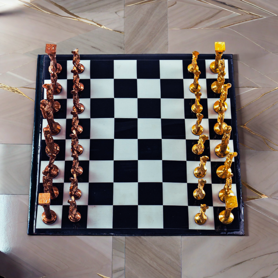 Brass Chess Set- Roman Style Black and White Board- Black Border- 12"