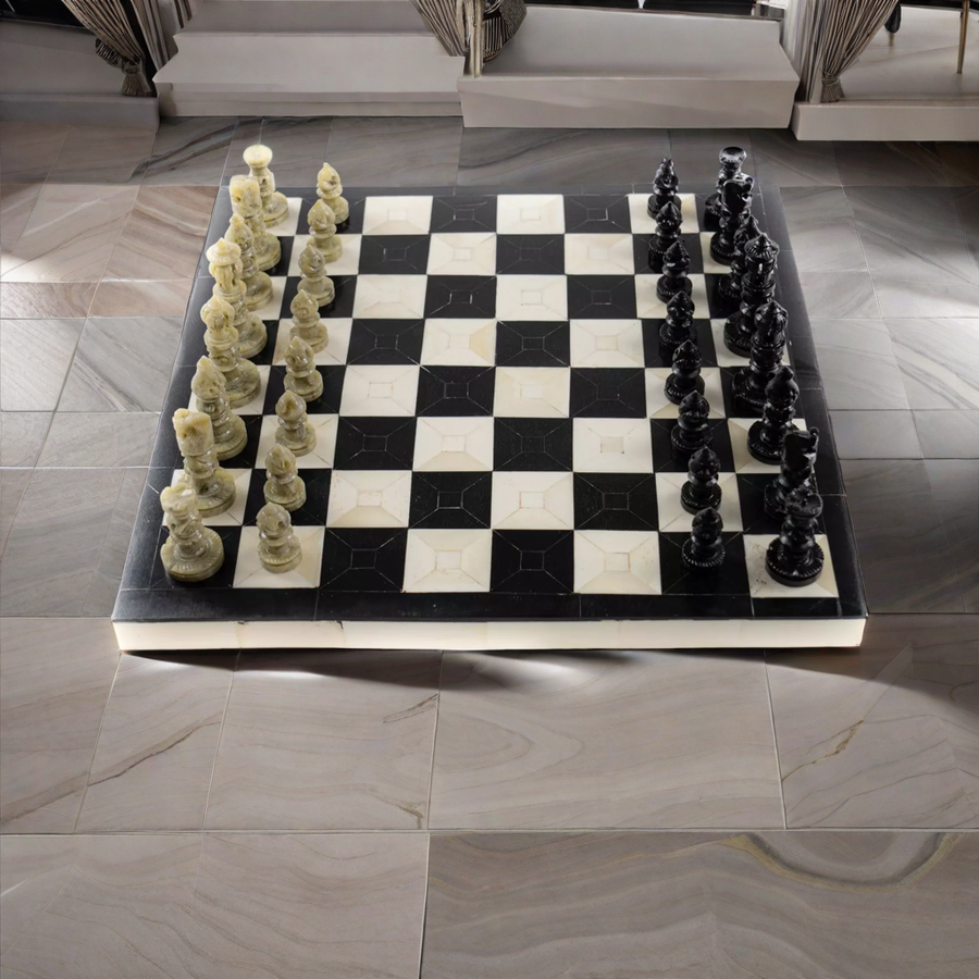 Handcrafted Black and Coral Bone Chess Set – 12"