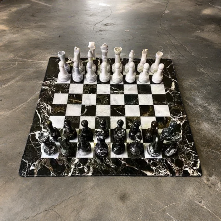 Black Zebra and White Marble Chess Set with Handmade Staunton Pieces and Blue Velvet Case - 12"