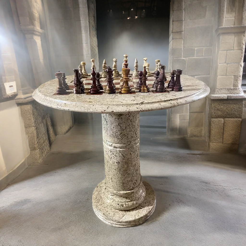 Marble Red and White Coral Chess Set with Fancy Chess Pieces and Table - 24"