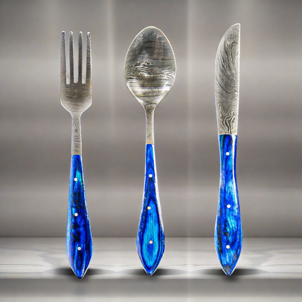 Damascus Silverware Set - High Carbon Steel Cutlery in Elegant Blue Finish