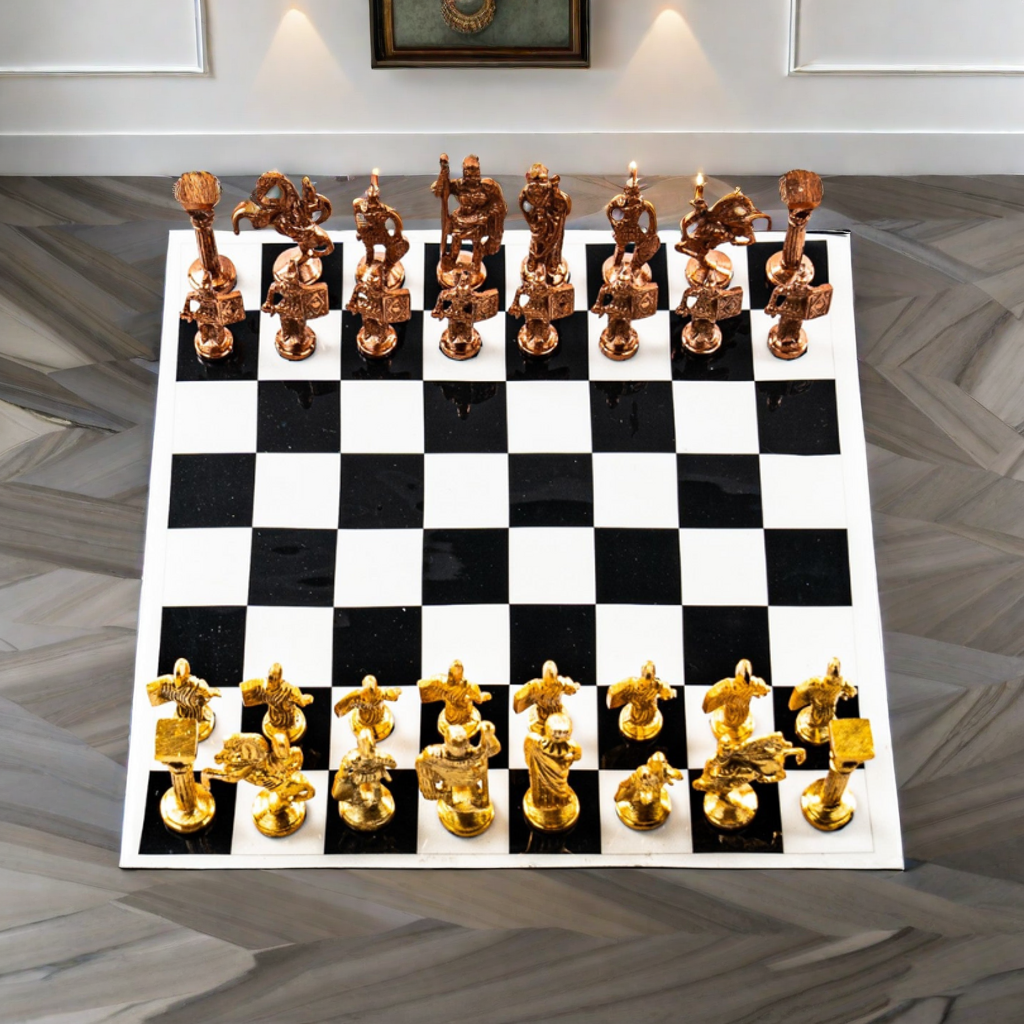 Brass Chess Set- Roman Style Black and White Board- White Border- 12"