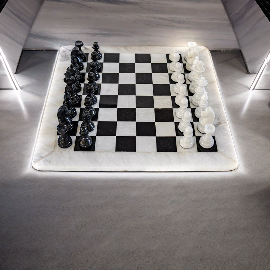 Large White and Black Marble Chess Set with Elegant Pieces - White Border- 16"