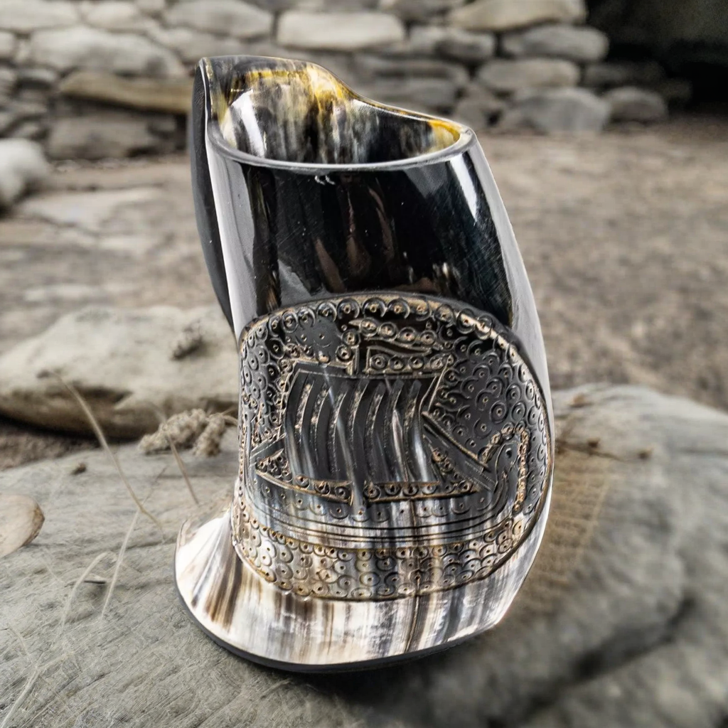 Viking Ship Etched Horn Mug - 16-24 Fl Oz - Handcrafted from Cow Horn