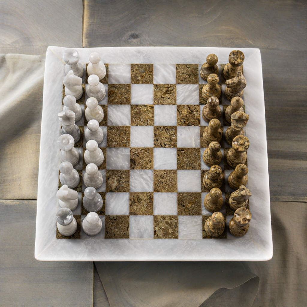 White and Coral Chess Set - 12" White Border