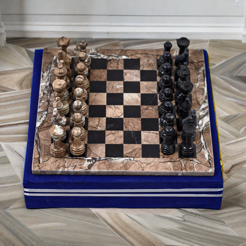 Marina and Black Marble Chess Set - 16" Staunton Style Board