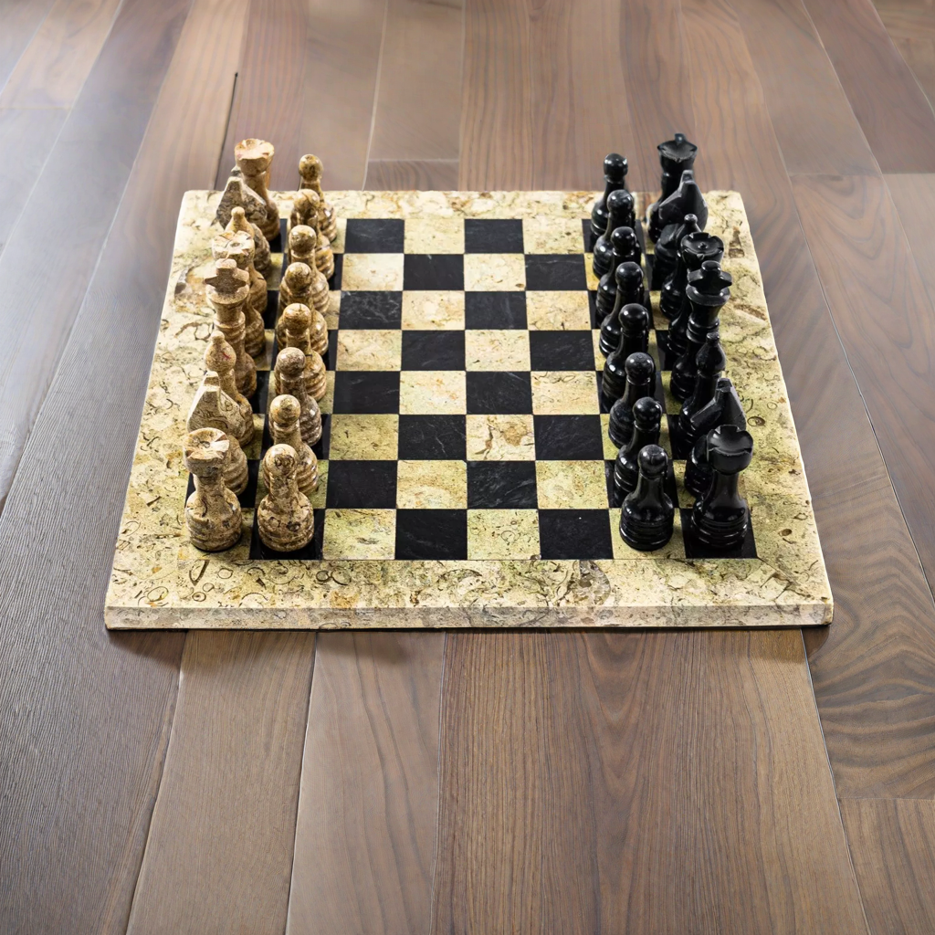 Botticino and Black Marble Chess Set with Handmade Staunton Pieces - 12"