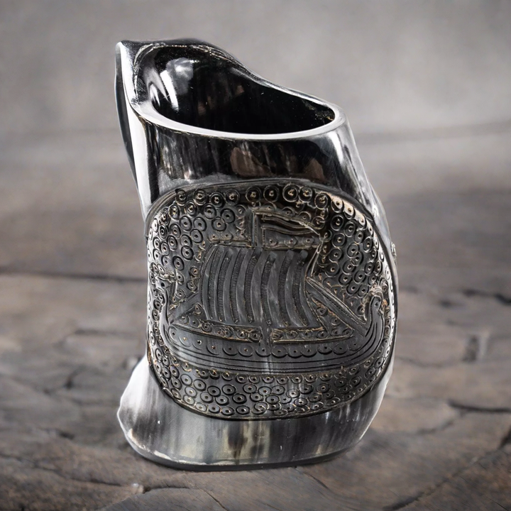 Viking Ship Etched Horn Mug - 16-24 Fl Oz - Handcrafted from Cow Horn