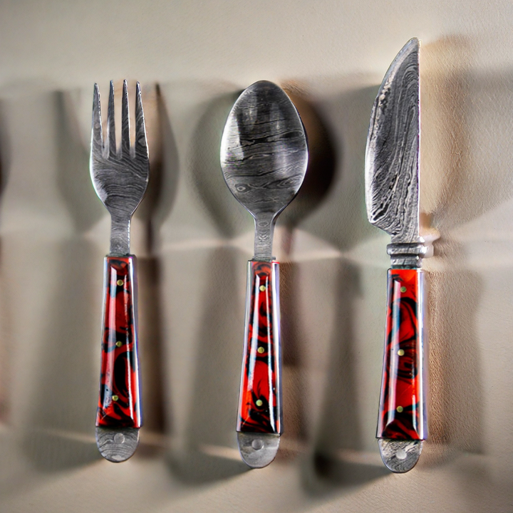 Damascus Silverware Set - High Carbon Steel Cutlery in Elegant Red Micarta