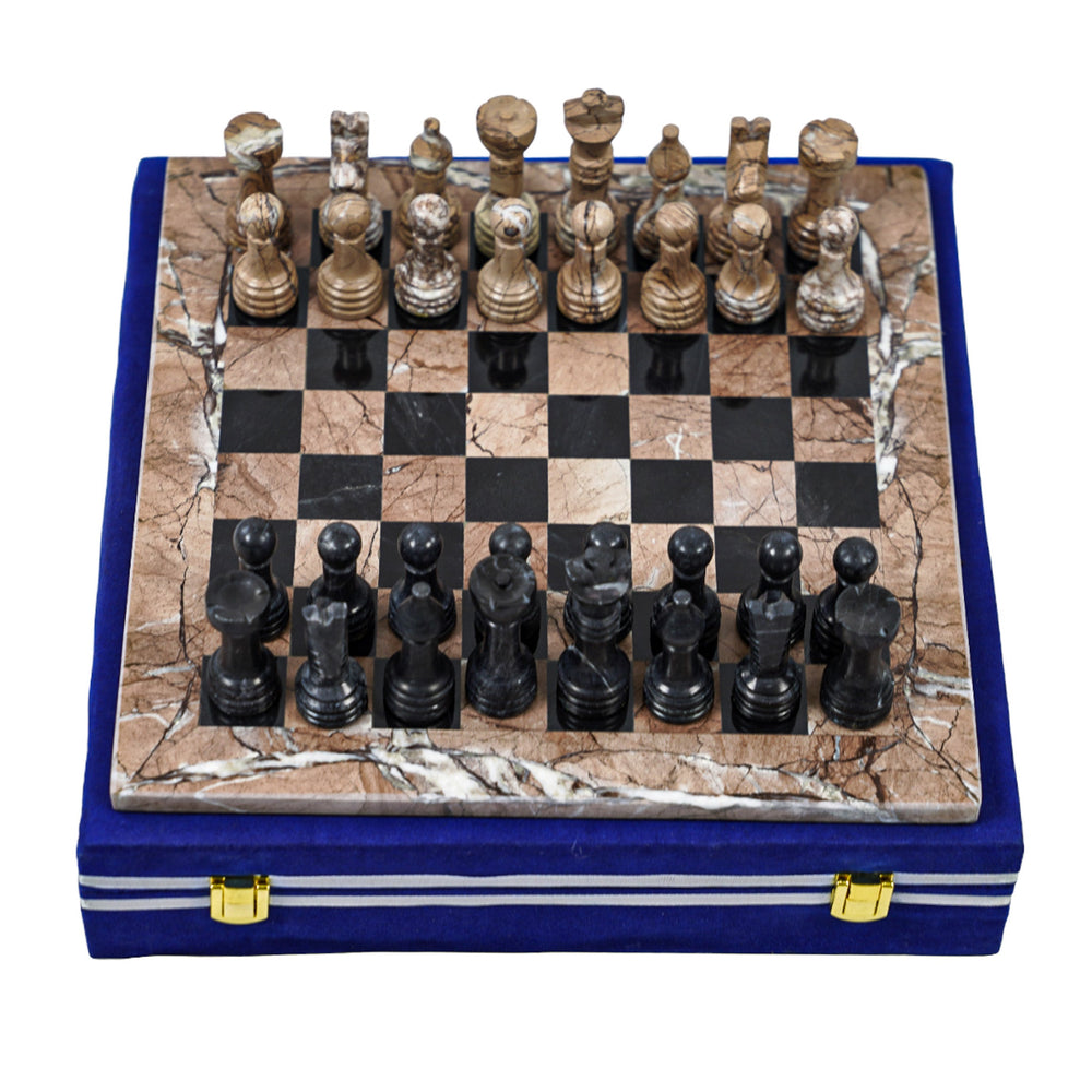 Marina and Black Marble Chess Set - 12" Staunton Style Board