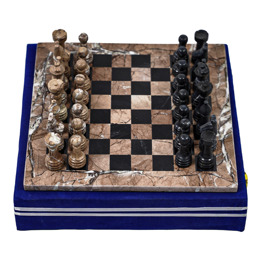 Marina and Black Marble Chess Set - 12" Staunton Style Board