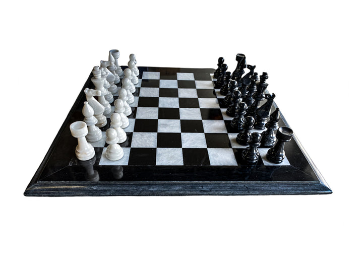 Extra Large Black and White Marble Chess Set - 20" Black Border