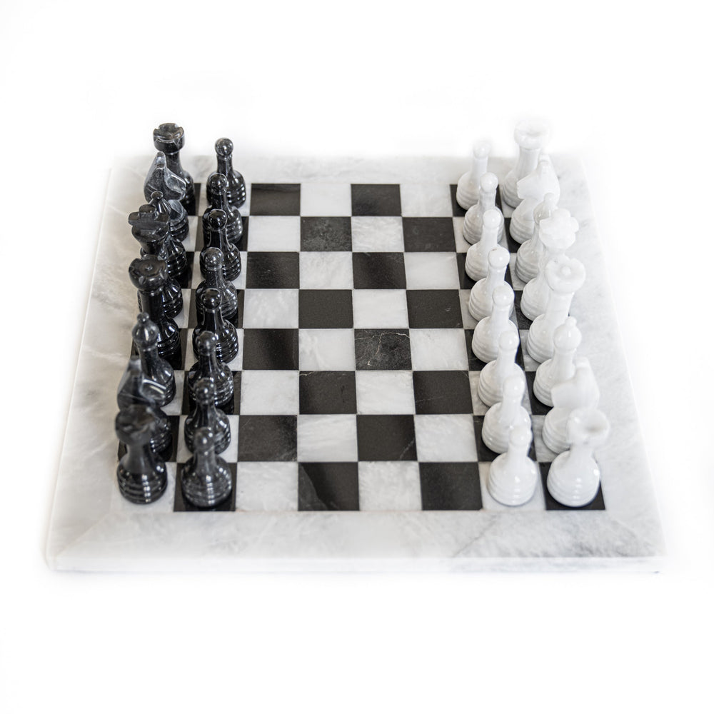 White and Black Marble Chess Set - 12" with Velvet Case