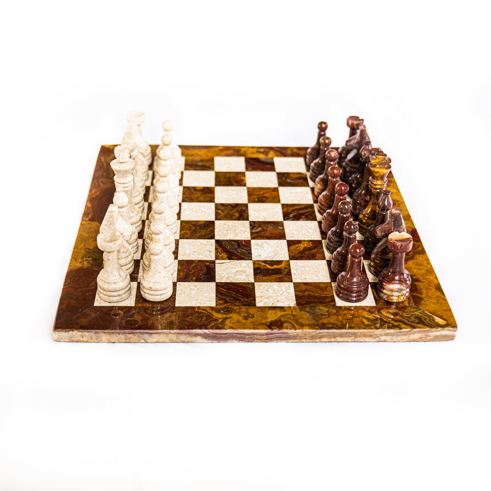 Red and White Marble Chess Set - 12" with Velvet Case