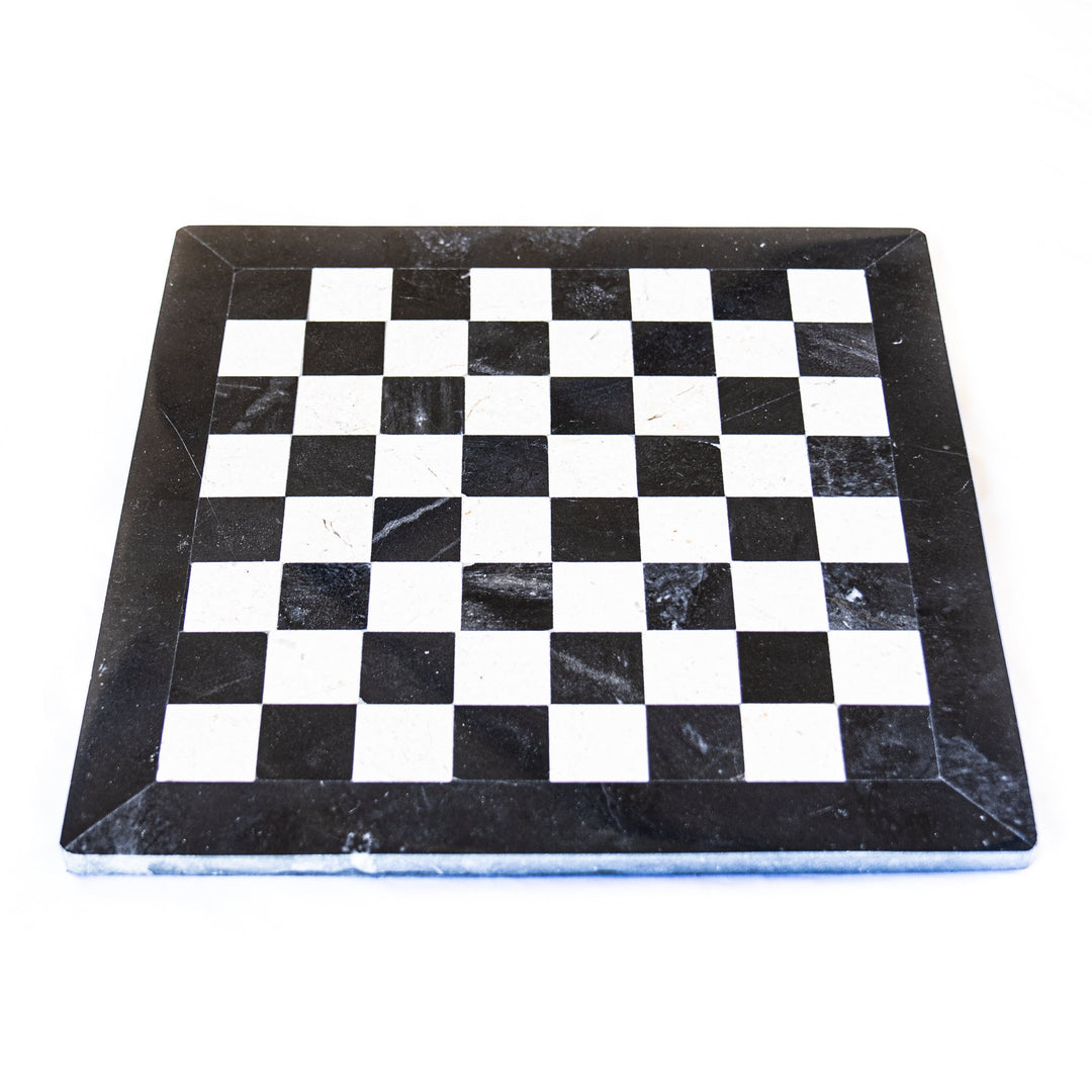 Black and White Marble Chess Set with Handmade Staunton Pieces and Velvet Case - Black Border- 12"