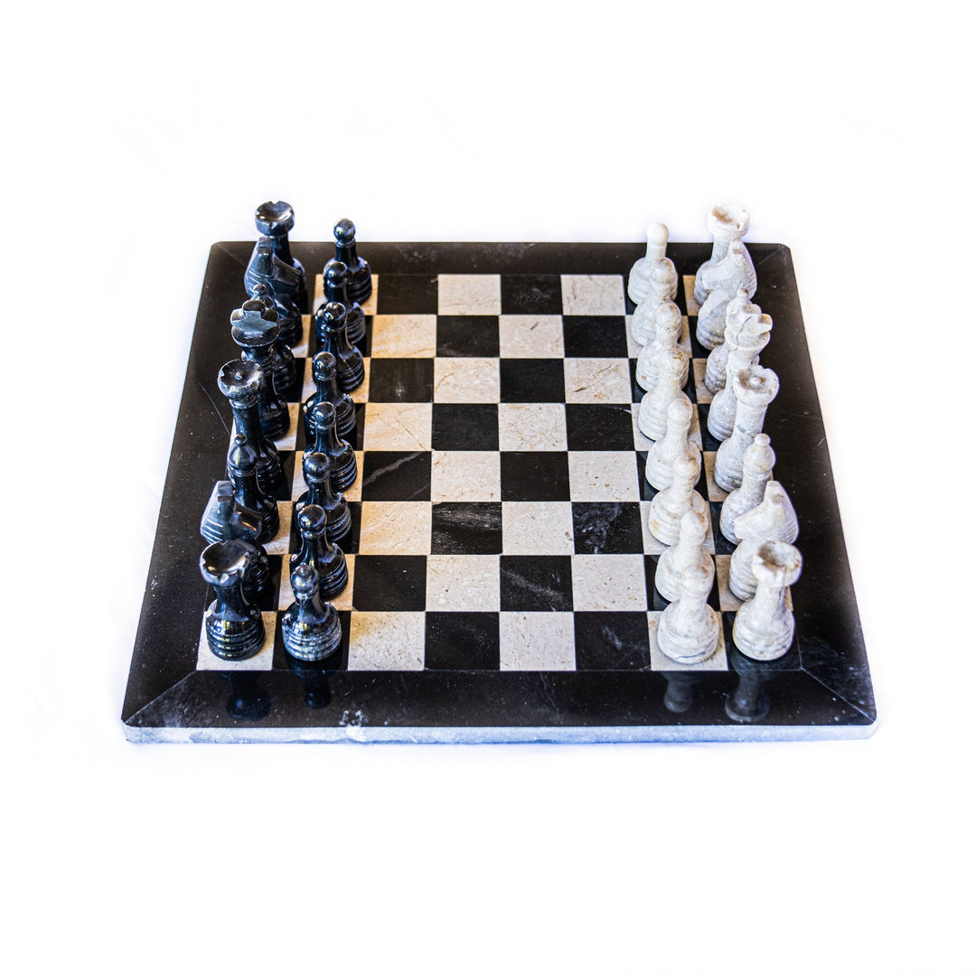 Black and White Marble Chess Set with Handmade Staunton Pieces and Velvet Case - Black Border- 12"