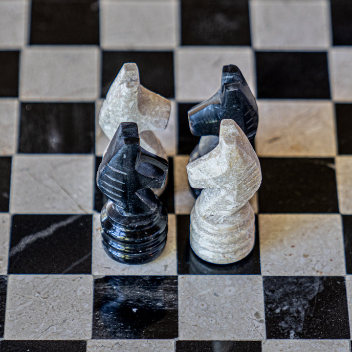 Black and White Marble Chess Set with Handmade Staunton Pieces and Velvet Case - Black Border- 12"