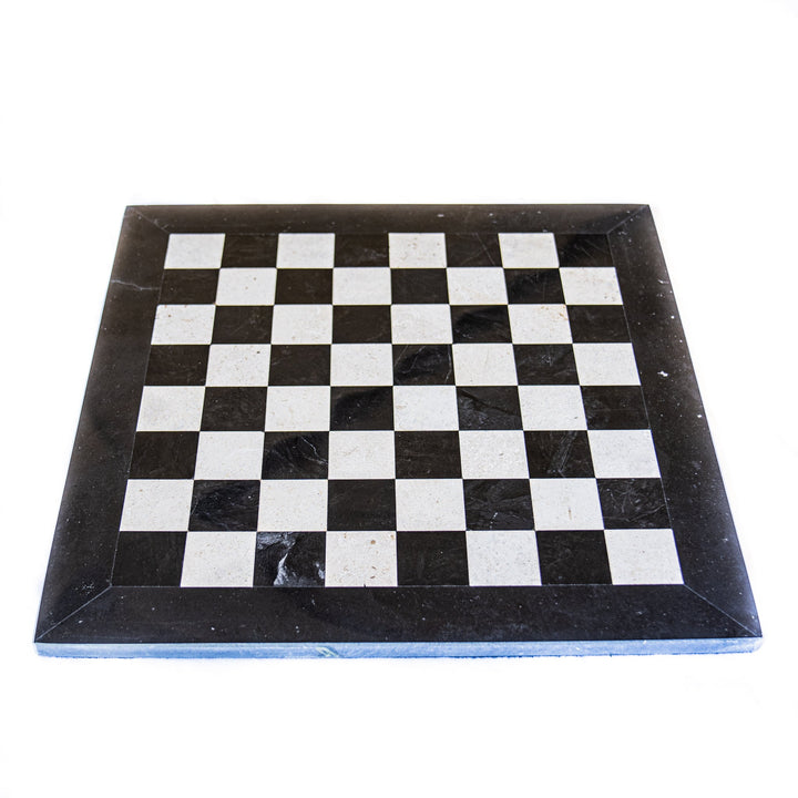 Large Marble Black and White Coral Chess Set with Fancy Pieces - Black Border - 16"