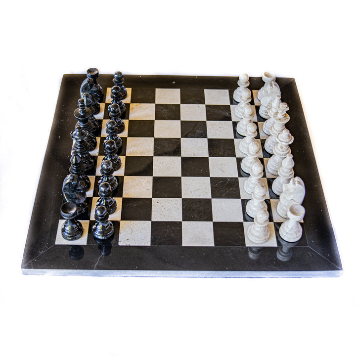 Large Marble Black and White Coral Chess Set with Fancy Pieces - Black Border - 16"