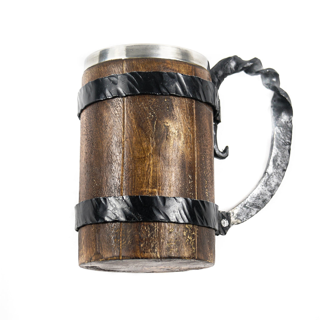 Viking Wooden Mug - Large Tankard - Handcrafted from Wood and Iron - 16 Fl Oz