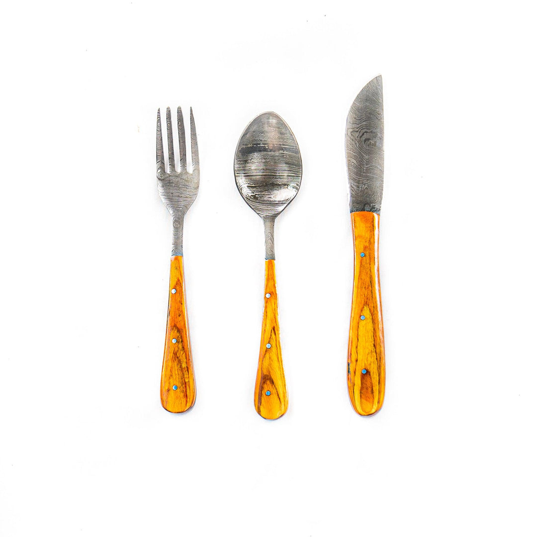 Damascus Silverware Set - High Carbon Steel Cutlery in Elegant Wood Finish