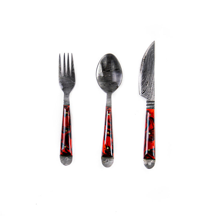 Damascus Silverware Set - High Carbon Steel Cutlery in Elegant Red Micarta