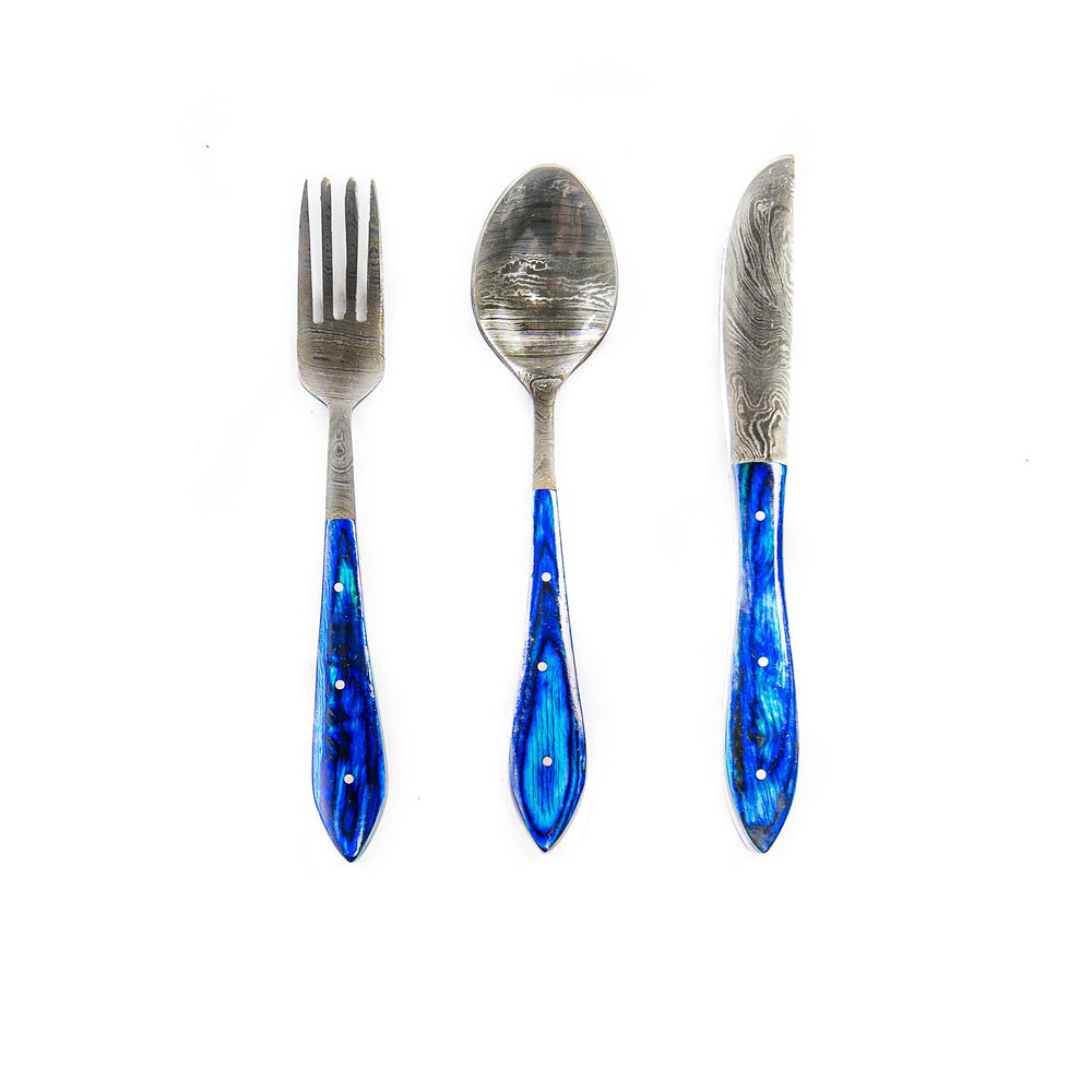 Damascus Silverware Set - High Carbon Steel Cutlery in Elegant Blue Finish