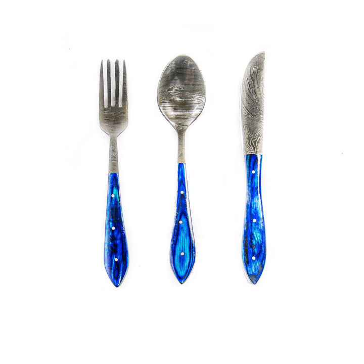 Damascus Silverware Set - High Carbon Steel Cutlery in Elegant Blue Finish