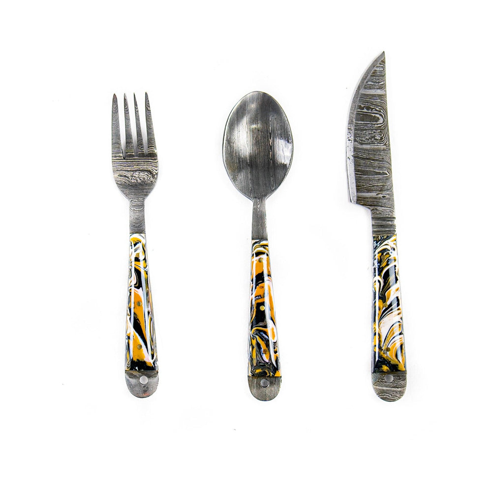 Damascus Silverware Set - High Carbon Steel Cutlery in Elegant Micarta