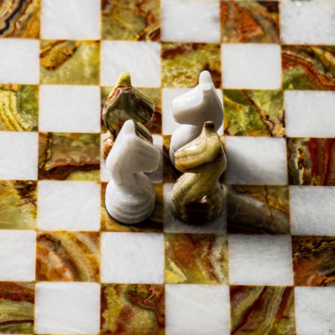 White and Red/ Green Marble Chess Set - 12" with Velvet Case